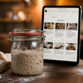 Tablet auf dem Kurse abgebildet sind, Sauerteig im Glas