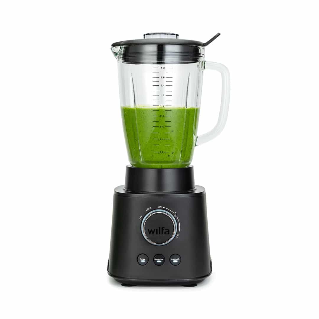 Schwarzer Standmixer mit grünem Smoothie