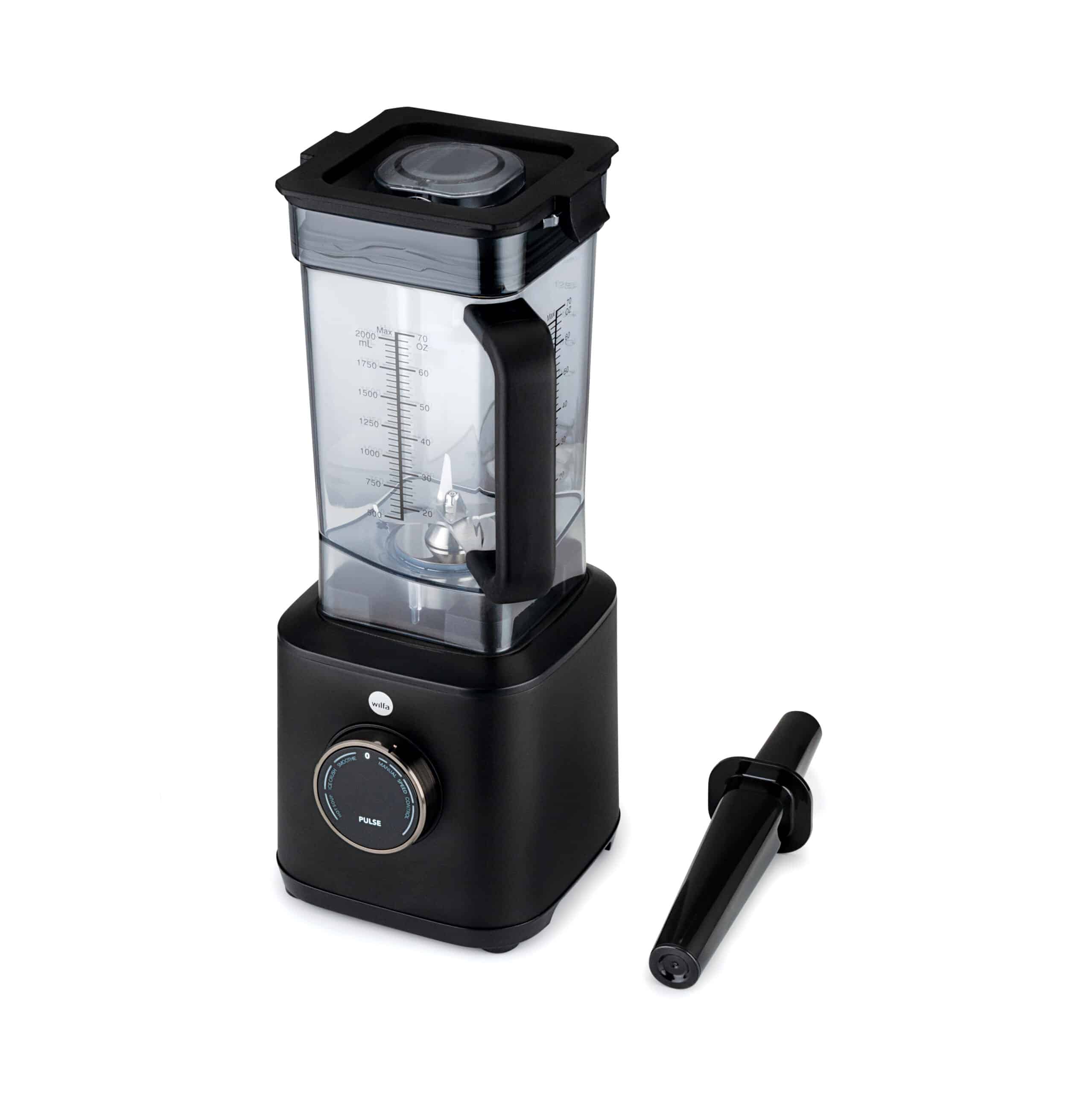 Schwarzer Hochleistungsmixer mit Stößel