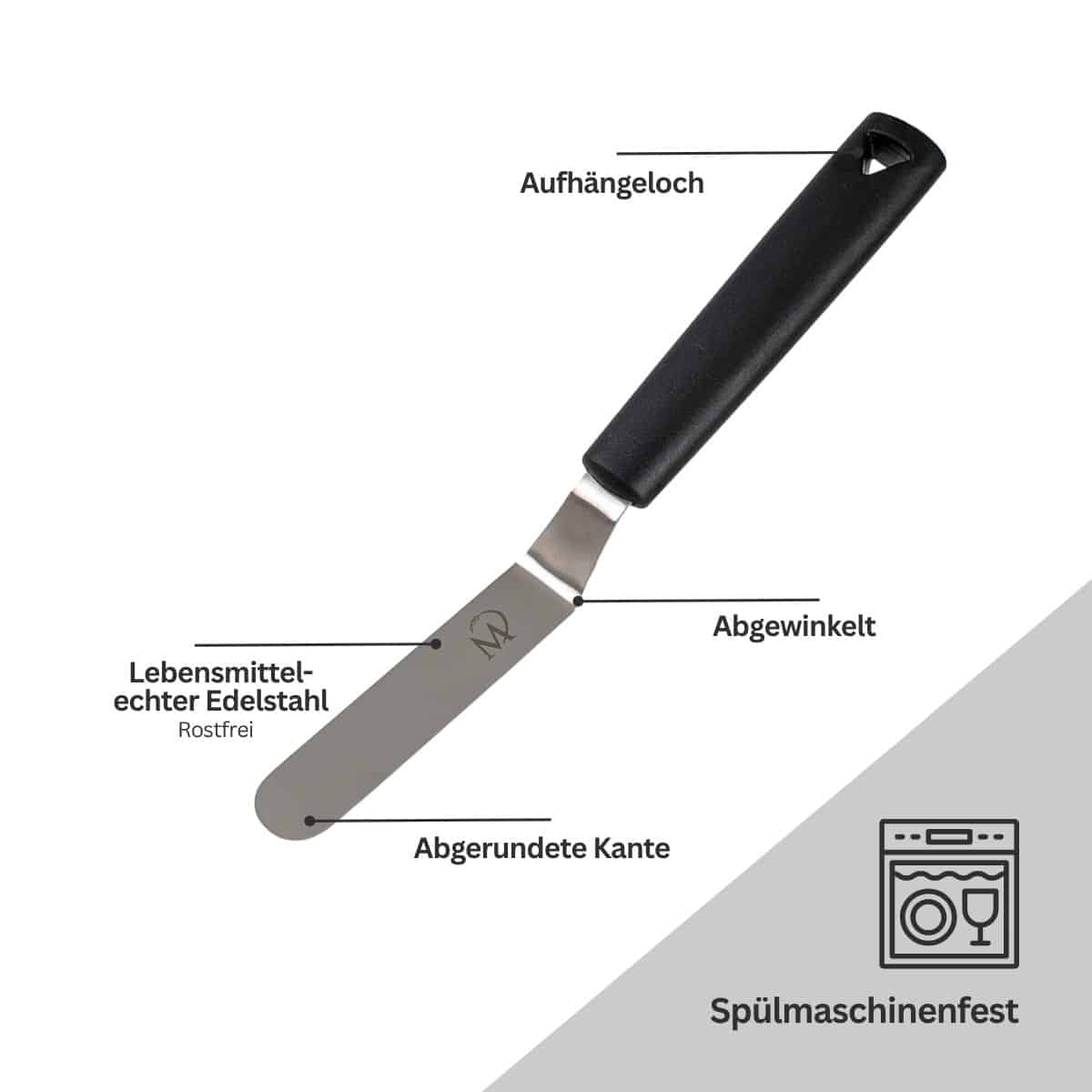 Palette mit schwarzem Griff, beschriftet
