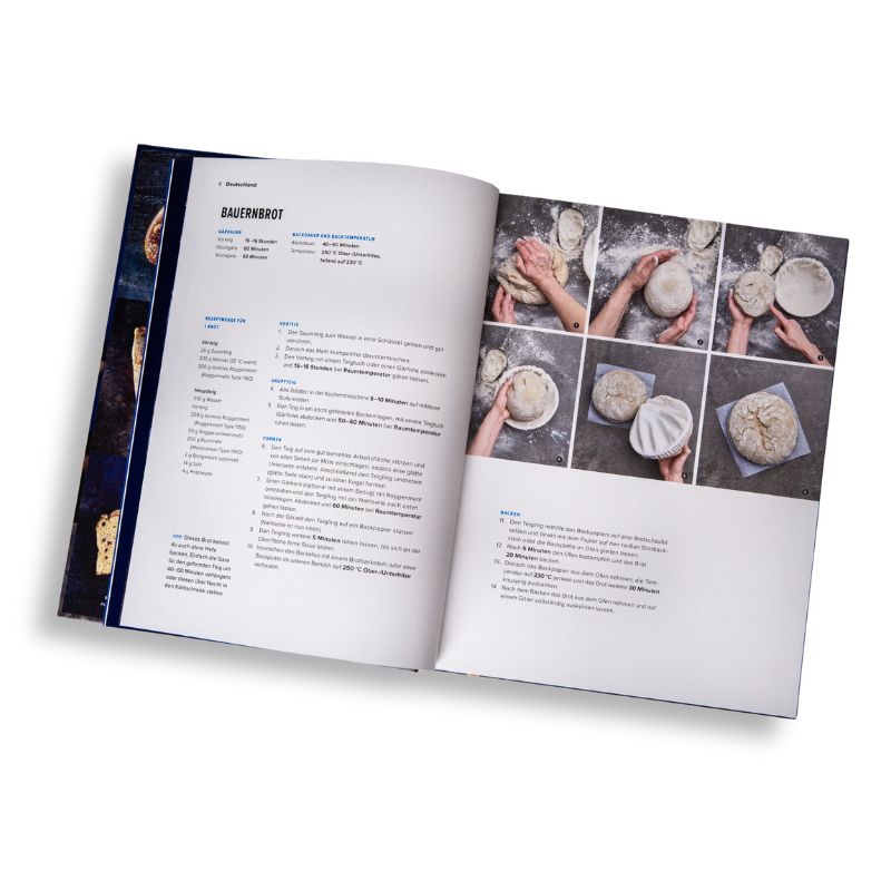Aufgeschlagenes Backbuch mit Brotrezept