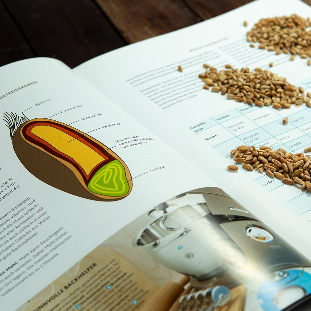 Buch mit Getreidekörnern und Grafik