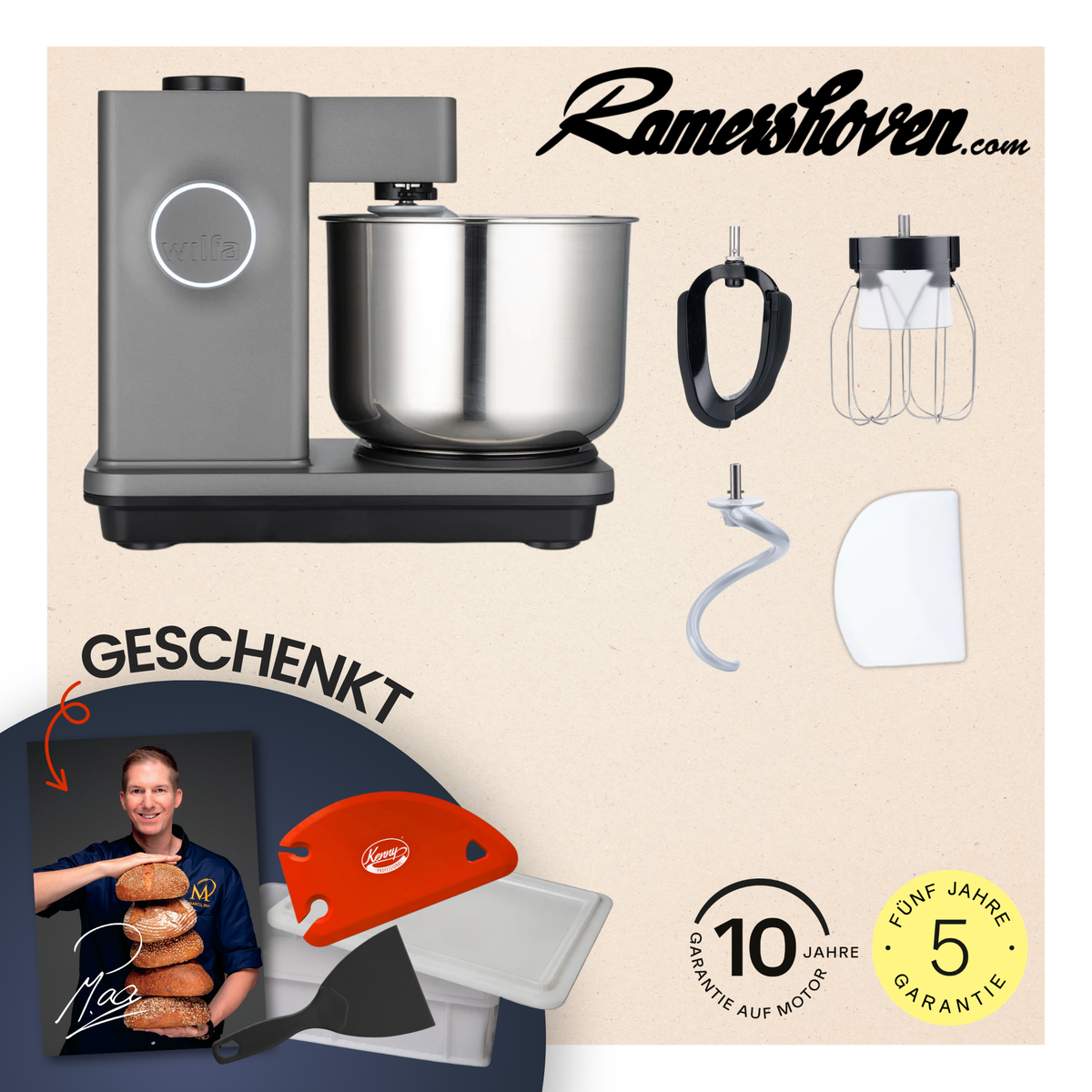 WILFA ProBaker Küchenmaschine KM1GY-70 grau (602031) mit Teigbox und Schaber