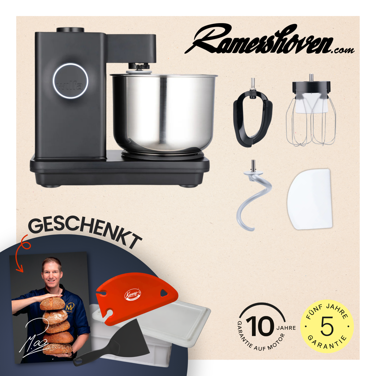 WILFA ProBaker Küchenmaschine KM1B-70 schwarz (602030) mit Teigbox und Schaber