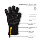 Schwarzer Backhandschuh mit Beschriftung