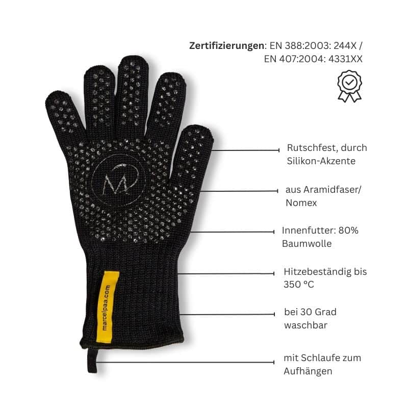 Schwarzer Backhandschuh mit Beschriftung