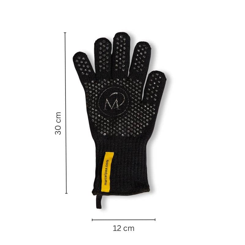 Schwarzer Backhandschuh mit Maßangaben