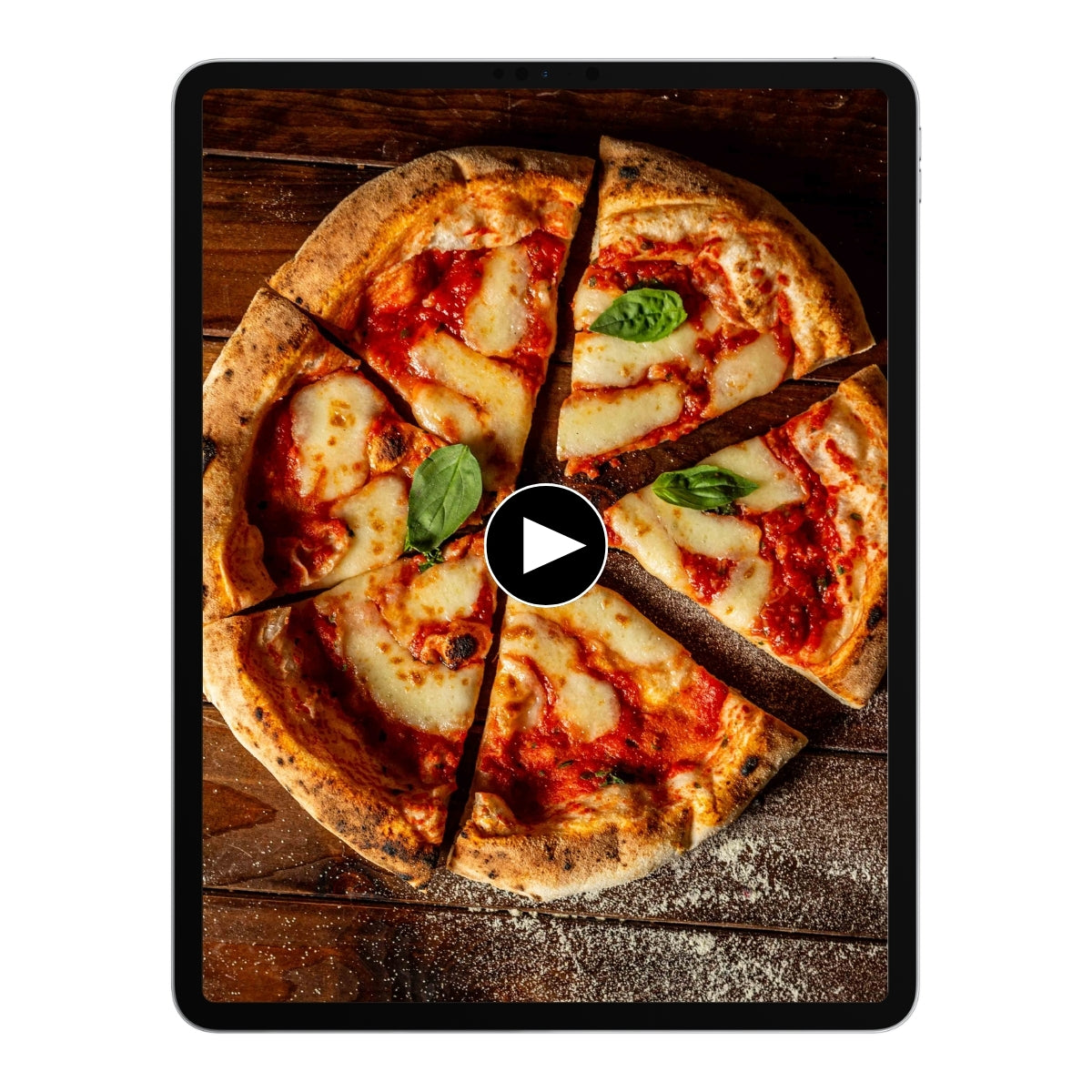 Pizza mit Mozzarella und Basilikum auf einem Tablet