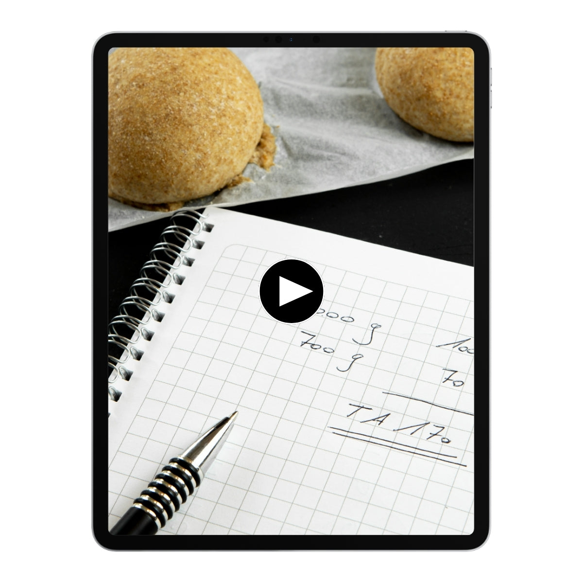 Notizbuch, Stift, Teiglinge, Rezept auf einem Tablet