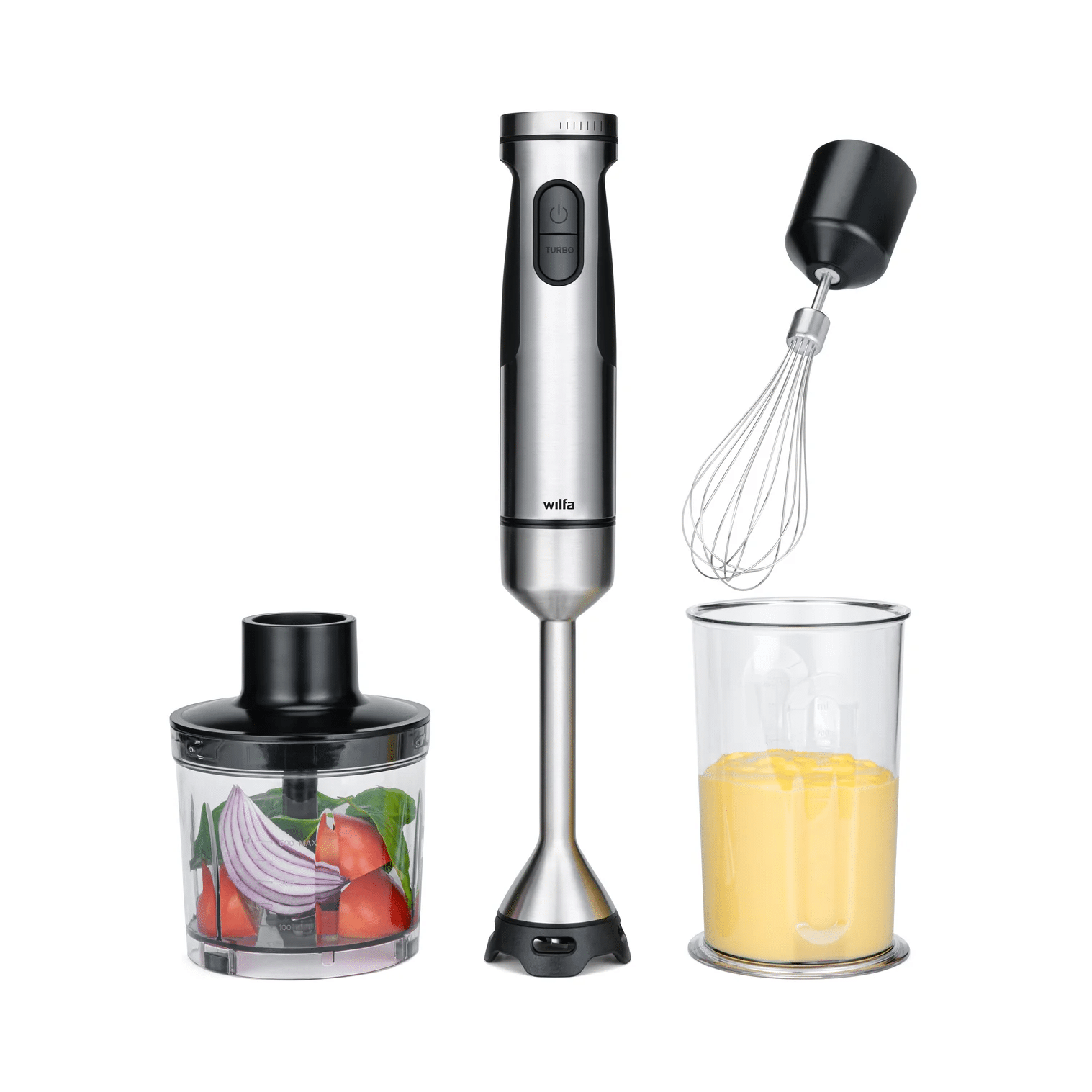Stabmixer mit Zubehör und Zutaten